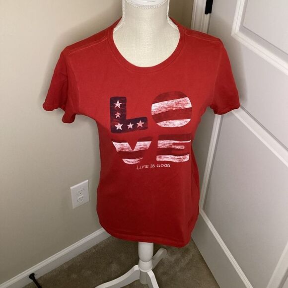 Ladies Life Is Good - Love American Flag Logo Independence Day USA small‎ Red - Picture 1 of 2